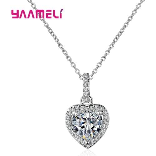 Love Heart Necklaces for Women White AAA CZ 925 Sterling Silver Chain Pendant Necklaces Fashion Wedding Jewelry Gift