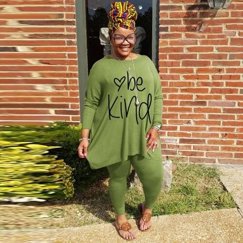 ZJFZML ZZ Women Clothing Plus Size Dresses Be Knid Letter Print Long Sleeve Loose Top+fitness Legging Dropshipping Wholesale