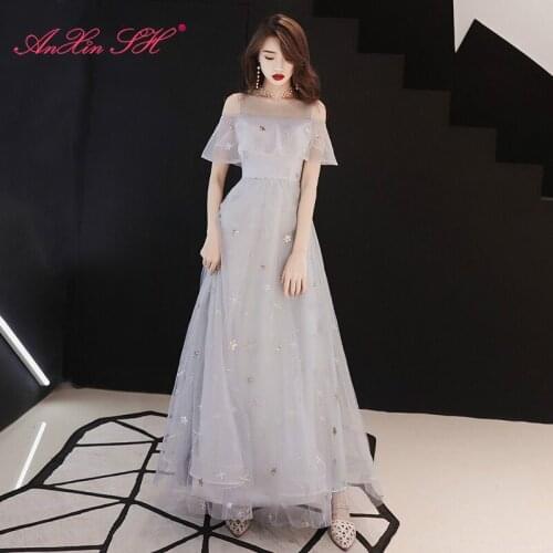 AnXin SH princess grey lace golden star long evening dress vintage ruffles illusion champagne lace o neck party evening dress