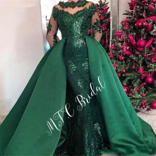 Arabic Evening Dress With Long Sleeves 2019 Green Mermaid Glitter Lace Formal Women Dresses Custom Made Vestido De Fiesta