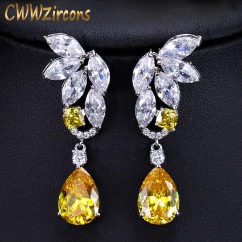 CWWZircons Gorgeous Cubic Zirconia Stones Big Long Yellow Dangling Drop Earings for Women White Gold Color Ear Jewelry CZ389