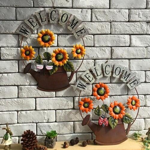 Wooden Hanging Ornament Sunflower Welcome Sign Decorative Vintage Metal Wall Hanging Home Garden Courtyard Decoration Welcome