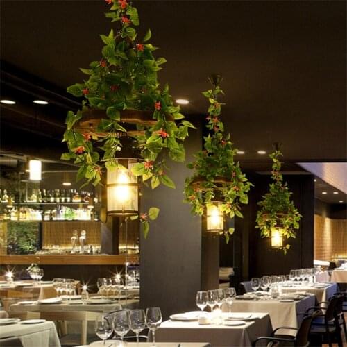 Idyllic solid wood plant pendant lights vintage decorates retro themed music restaurant chandelier glass lampshade iron fixtures