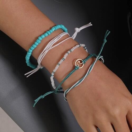 Little Light Blue Stone Beads Crystal Beaded Thin Blue White Rope Knot Women Strand Bracelets 5 pcs/set
