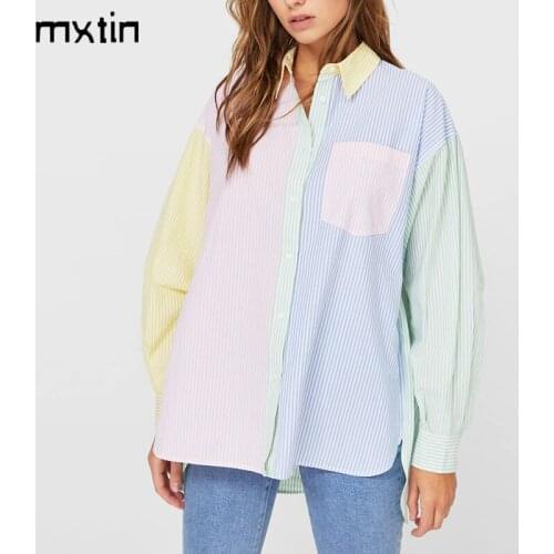 MXTIN 2021 Women Spring Fashion Color Contrast Loose Blouses Vintage Lapel Collar Long Sleeve Female Shirts Blusas Casual Tops