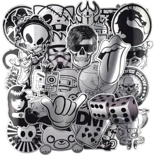 50 Pcs Metallic Black and White Stickers Graffiti Sticker for Laptop Luggage Car Styling Wall Guitar Cool Stickes Children DIY