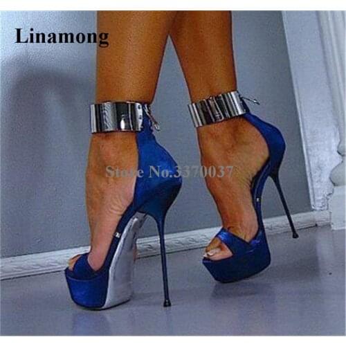 Sexy Women Fashion Blue Suede Leather High Platform Stiletto Heel Sandals Ankle Metal Wrap Super High Heel Sandals Dress Shoes