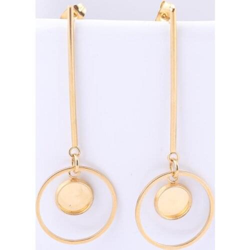 6pcs Gold Plated Dangle Bar Cabochon Earring Blanks 8mm Dia Base Setting Trays With Circle Hoop Charms Diy