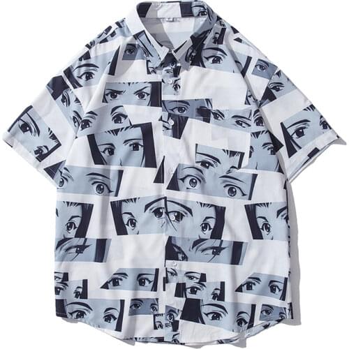 Mens short-sleeved shirt 2021 new summer loose casual button cardigan cartoon character creative pattern printing lapel top