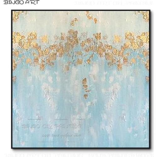 Hand-painted Abstract Aqua Blue Oil Painting on Canvas Beauty Colors Abstract Aqua Blue with Gold Foil Oil Painting for Wall Art