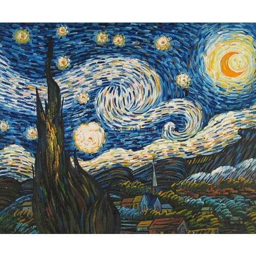 Hand-painted High Quality Starry Night Landscape Oil Painting on Canvas Beautiful Van Gogh Landscape Oil Painting for Wall Decor