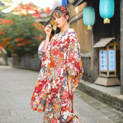 Traditional Japanese Yukata Women Kimono With Obi Printed Lovely Cosplay Costume Classic Evening Party Dress Gown FF2348