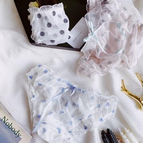 Japanese Gauze Polka Dot Panties Women Flounced Seamless Underwear Middle And Low Waist Sexy Lingerie Wings Bow Ribbon Cotton