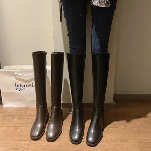 2020 New Winter Leather Women Knee High Boots Motorcycle Square Toe Zip Footwear Low Heels Female Riding Boot Woman Long Boots