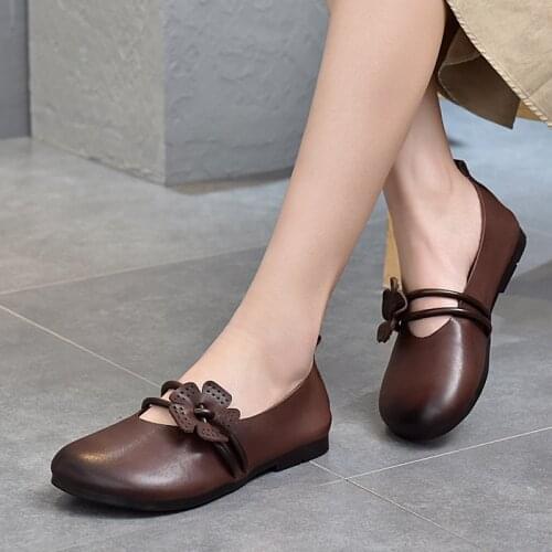 2021 Spring New Forest Handmade Flowers Genuine Leather Womens Shoes Flat Heel Soft Sole Top Layer Cowhide Womens Single Shoes