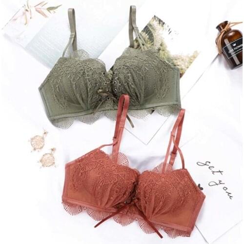 Roseheart Sexy Women Fashion Green Pink Red Lace Padded Bras Push Up Bow Wireless Bras Bralette Cup A B Underwear Female Bras