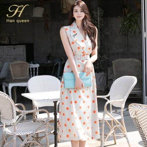H Han Queen Office Lady Vestidos Simple Korean Sleeveless Party Dress Womens Belt Notched Dot A-line Casual Dresses 2020 Autumn
