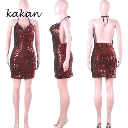 Kakan sexy womens nightclub sequin dress (Ganelli) open back zip halter dress burgundy dress