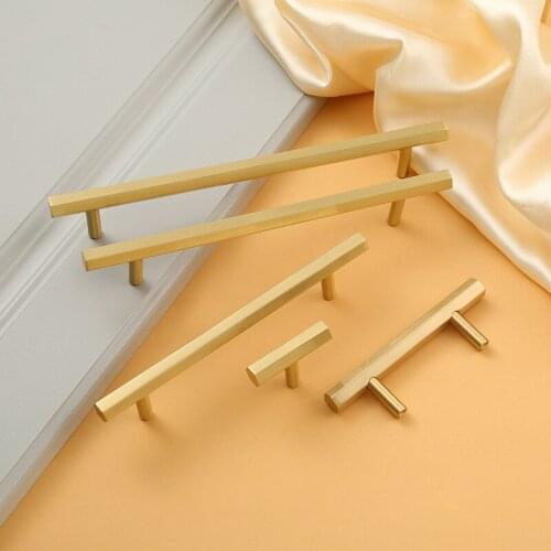 Gold Solid Brass Hexagon Knob T Bar Cabinet Pull for Kitchen Room Longer Dresser Handle Furniture Hardware