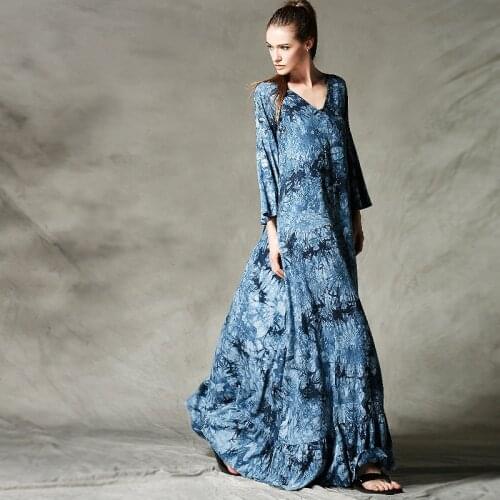 2015 natural hemp sunscreen V-neck ultra long expansion bottom tie-dyeing one-piece dress full dress high quality 629