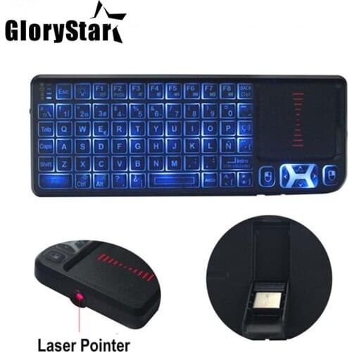 Blue LED Spanish/English Wireless Mini Keyboard Backlight with Laser Pointer Presenter Touchpad Backlit Silicone Keybord