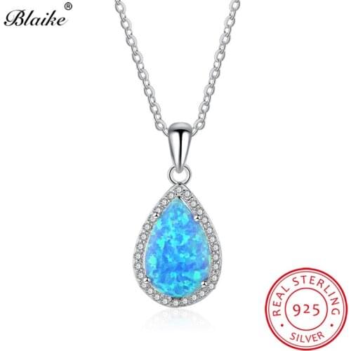 Blaike Charming Blue Fire Opal Water Drop Pendants Women Fine Jewelry 100% Real S925 Sterling Silver Crystal Rainbow Necklace
