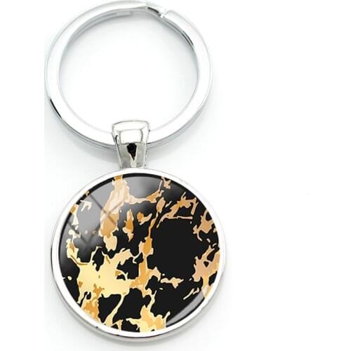 TAFREE Golden Texture Pattern Keyrings Gold Color Vein Art Key Chain Round Shaped Glass Dome Keyholder For Anniversary