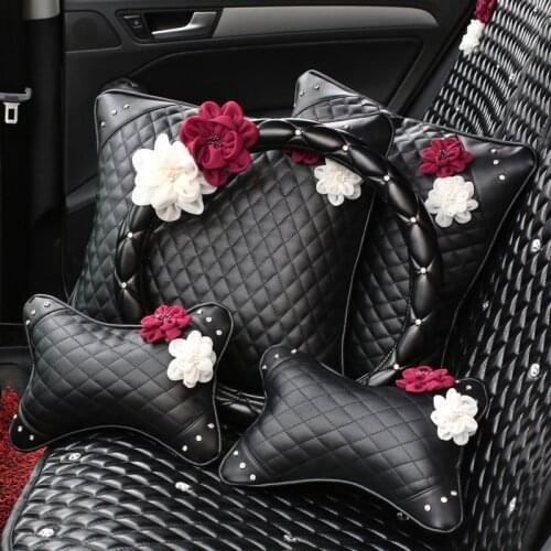 Rose Flower Car Steering Wheel Cover Leather Fashion Car Neck Waist Pillow Universal Car Styling Headrest Cushion Women