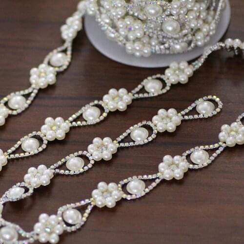 Flower Pearl Crystal AB Rhinestone cup Chain Sew On Rhinestone Applique For Wedding Dress Decoration Rhinestone trim for belt