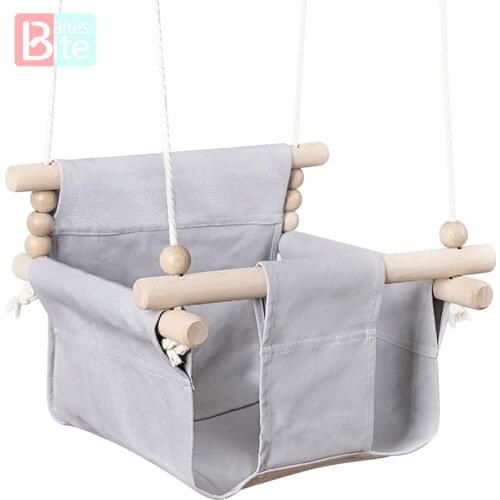 Baby Canvas Swing Chair Hanging Wood Children Kindergarten Toy Outside Indoor Small Basket Beige Swinging Rocking Chair Baby Toy