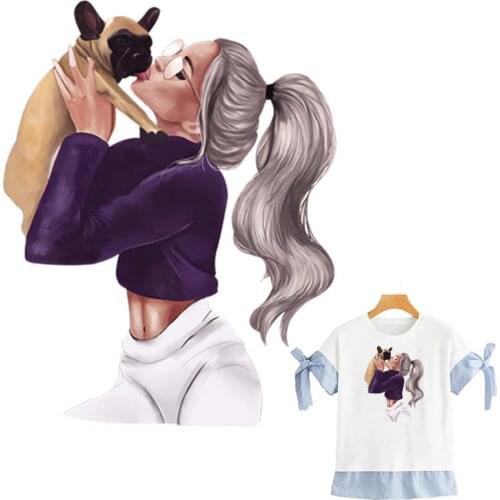 Girl With Her Pet Thermal Parches Diy Accessory New Design Badges Heat Transfer Clothing Deco Washable Patches For Backpack