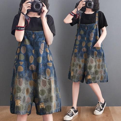 Printed Denim Strap Shorts 2001 Summer Korean Loose Wild Suspenders Jumpsuit Five-Point Pants Tide Vintage Rompers Jeans zh1343