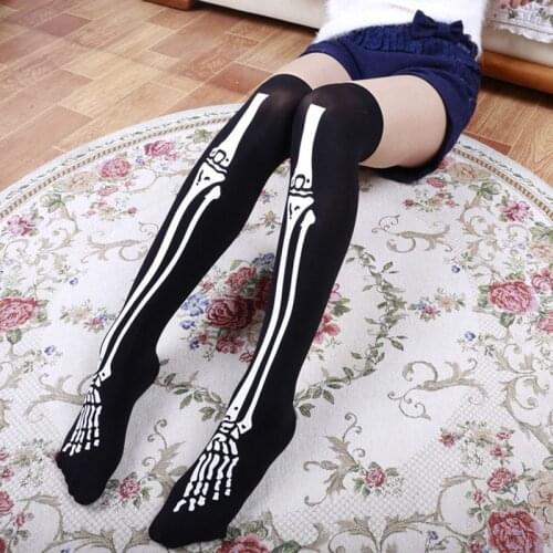 Halloween Skeleton Bone Costume Accessory Girls Horror Pantyhose Tights Legging Stockings High Thigh Socks Long Gloves For Women
