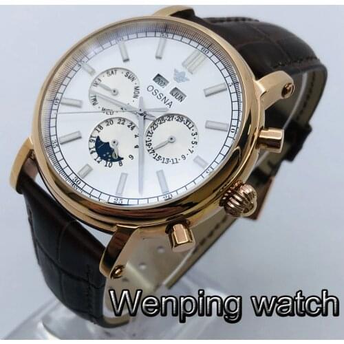 Ossna New 42mm Mens Top Luxury Watch Rose Gold Case Silver Dial Luminous Date Moon Phase Multifunction Automatic Watch