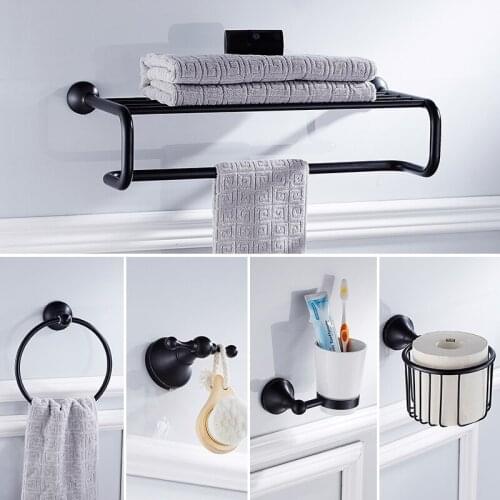 Black Hookathroom Hardware Set Solid Brass Towel Rack Bath Shelves Wall Double Rods Bath Accessories Toilet Brush Holder