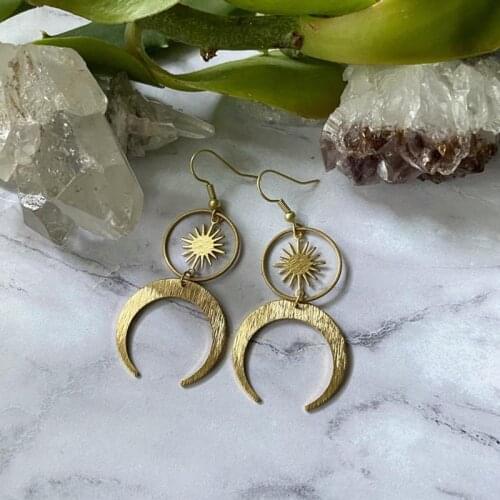 Celestial Sun And Moon Earrings Crescent Phase Boho Witchy Brass Jewelry Women Gift Girlfriend Minimalism Drop Metal Statement