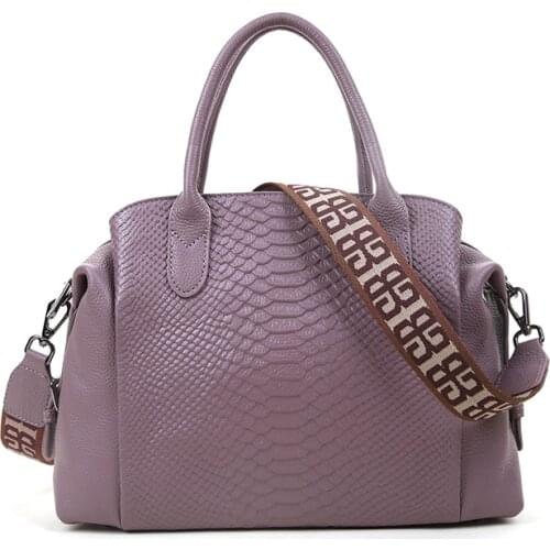 New Luxury Genuine Leather Large Handbag Women Wild Serpentine Pattern Tote Bag Top Quality Wide Strap Female Shoulder Bags