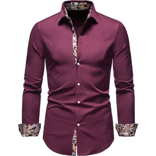 Wine Red Paisley Mens Shirt Patchwork Slim Long Sleeve Casual Shirts Men Splice Print Work Business Wedding Camisa Spring Brand