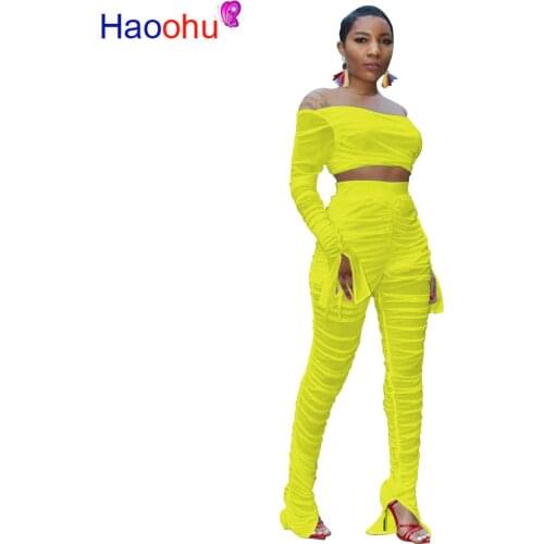 HAOOHU Sexy Sheer Mesh 2 Piece Set For Women Flare Sleeve Pullover Tops + Pencil Pants Perspective Club Two Piece Set Female