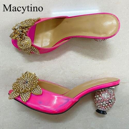Diamond decoration flowers ladies high-heeled slippers round toe glass-heeled high-heeled slippers fashion party slippers