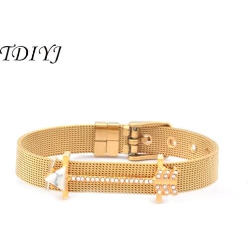 TDIYJ Fashion Collocation Gold Stainless Steel Mesh Keeper ing Bracelet with Crystal Big Arrow Keeper Slide Charms 1Set
