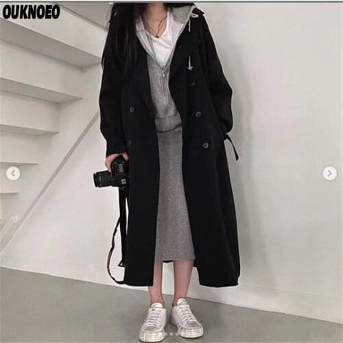 Woman Windbreaker Coat Black Retro British Style Spring Medium Long Korean Preppy Style 2021 Fashion Loose Women Oversize Coat