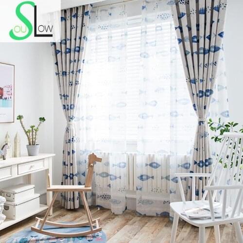 Slow Soul Blue Green Fish Modern Quality Simple Cartoon Curtains For Living Room Kitchen Bedroom Blackout Children Cortina Shade