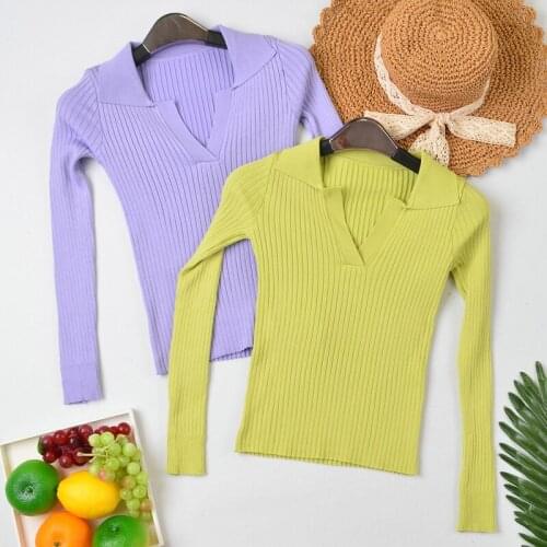 Womens High Waist Pit Striped Polo Collar Base Shirt Top Retro V-neck Slim Long Sleeve Knitted T-shirt