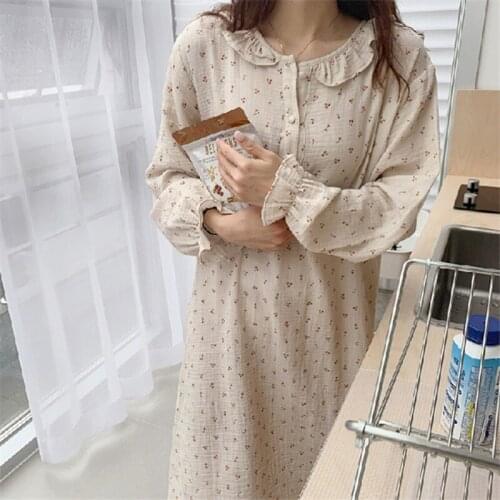 2021 Autumn Ruffle Nightgown Women Cherry Print Sleep Dress Loose Casual Cute Homewear Long Sleeve O-neck Nightdress Sexy Soft