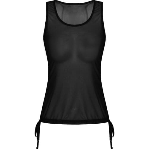 Women Sheer Mesh See Through Sleeveless Adjustable Drawstrings U Neck Vest Tank Top Club Party Festival Rave Sexy Tops