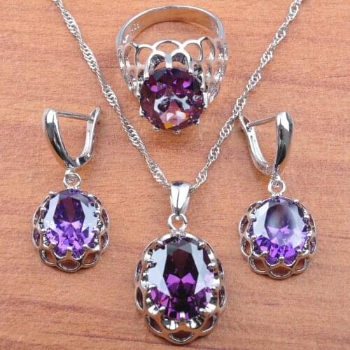 Natural Purple Crystal 925 Silver For Women Wedding Jewelry Sets Earrings Ring Necklace Set Anniversary Present JS0166