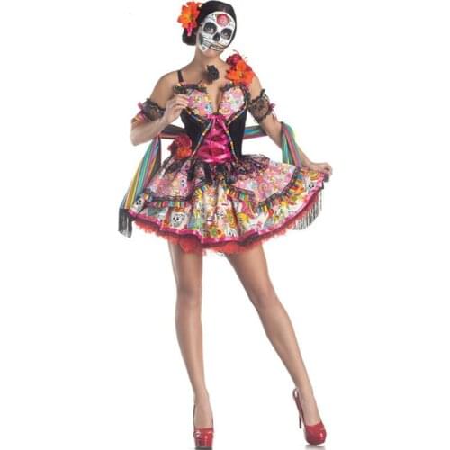 Skeleton day of The Dead Costume Womens Sexy Sugar Skull Flower Fairy Halloween ghost vampire bride Fancy Dress