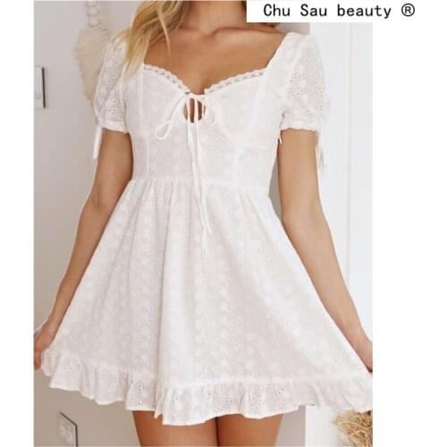 2021 Summer New Fashion Vintage Chic White Cotton Hollow Out Mini Dress Women Sweet Lace V-neck Dresses Female Vestidos