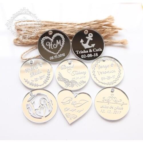 50 * Personalized Engraved Anniversary Silver Wine Charm Custom Bride Baptism Label Wedding Engagement Round Favors Gifts Tags